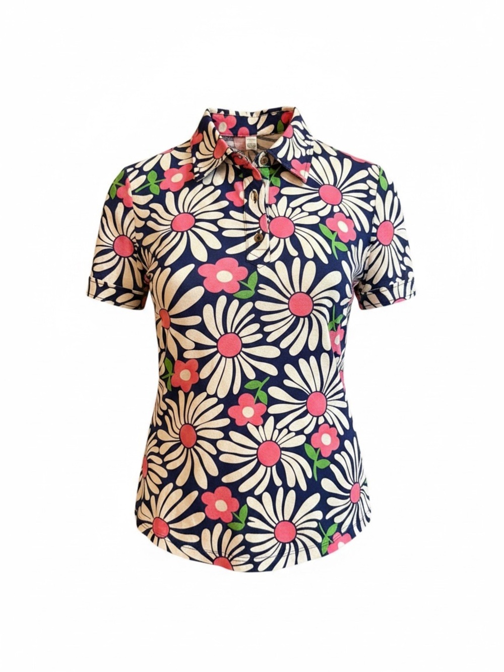 Lilly Pulitzer Floral Polo Shirt S Navy Pink White Daisy Print Cotton